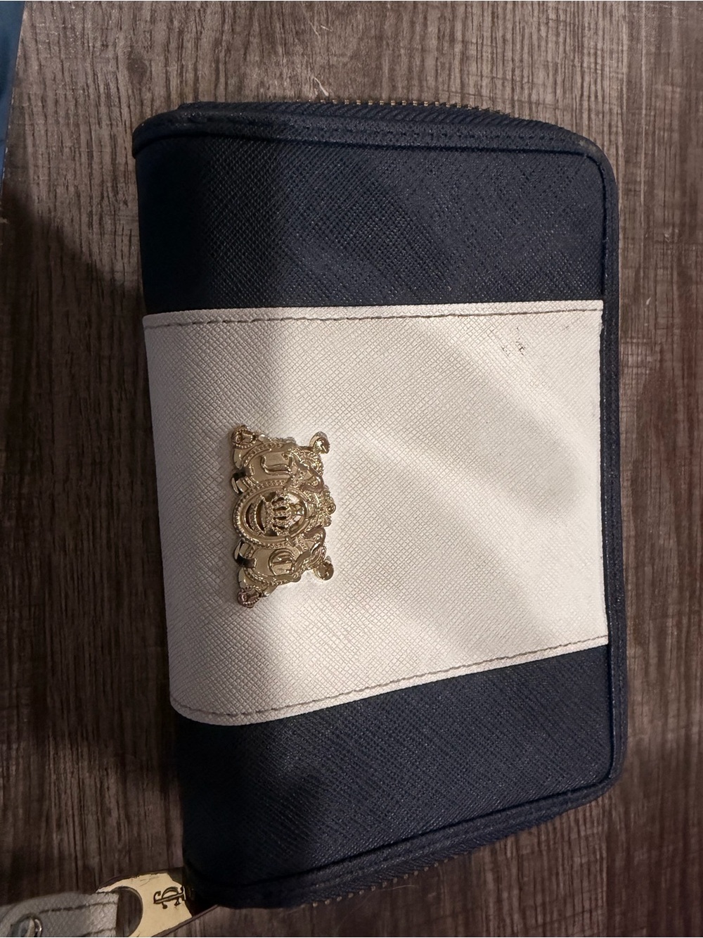 Juicy Couture Navy and Cream Zip Wristlet - Gold Crest Accent